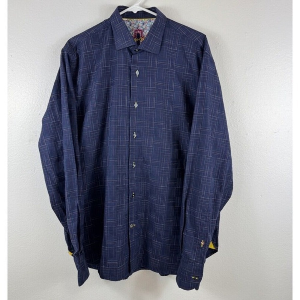 LUCHIANO VISCONTI Mens Long Sleeve Button Shirt Navy abstract FLIP CUFF - SIZE L